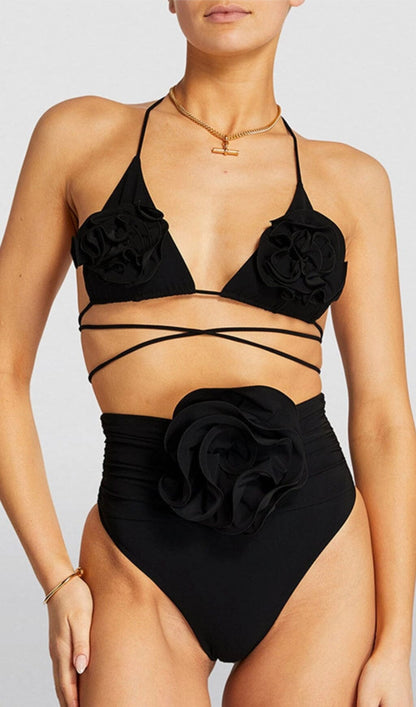 Caba Floral Applique Triangle Bikini Suit In Black