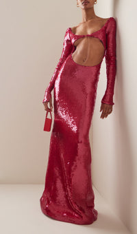 Lialy Sequin Embroidered Cutout Maxi Dress In Red
