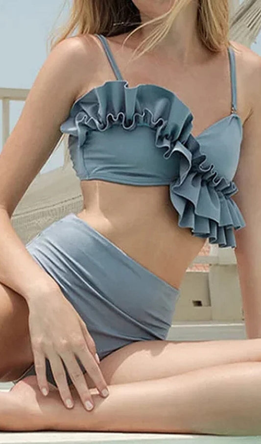 Brittany Ruffle Detail High Waist Bikini Swimsuit In Blue