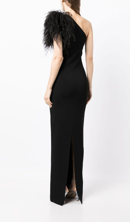 Martello One-Shoulder Feather Maxi Dress In Black