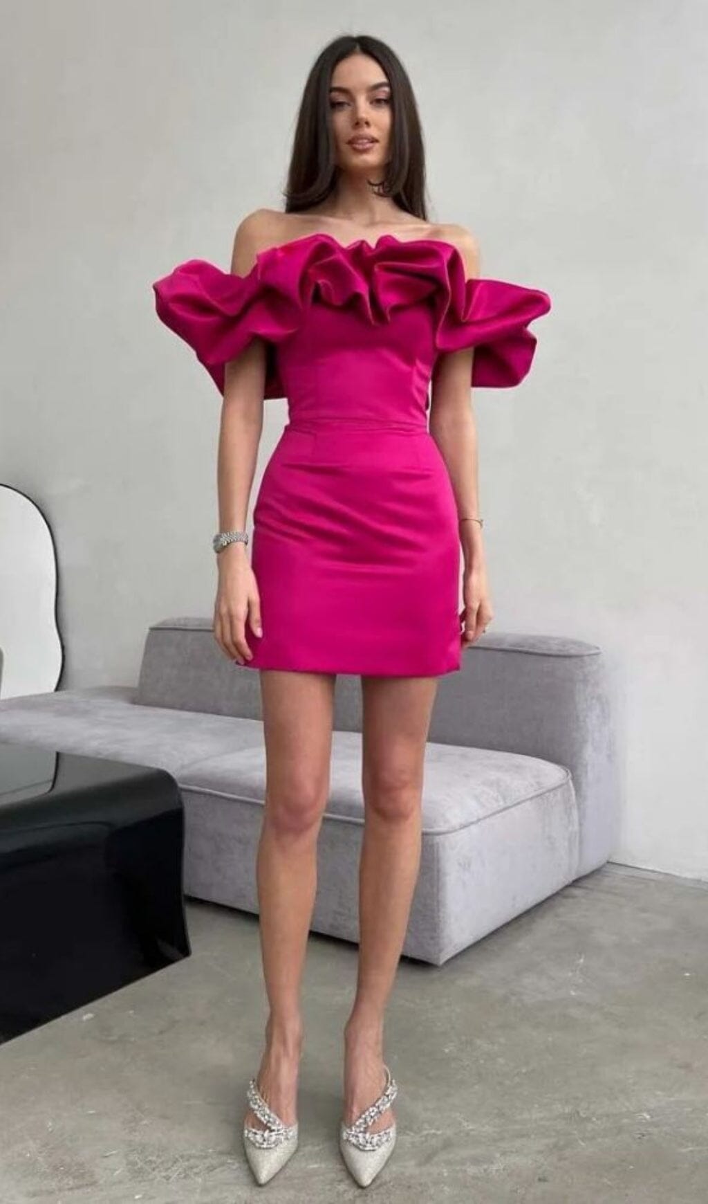 Miney Satin A-Line Neckline Ruffle Mini Dress In Pink