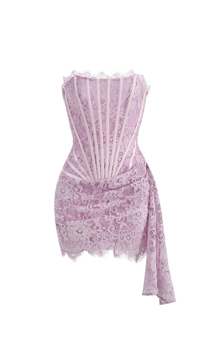 Kellie Strapless Lace Appliques Mini Dress In Light Purple