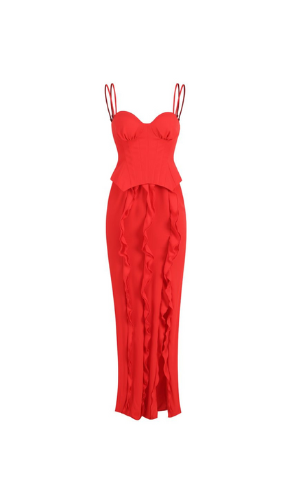 Serge Corset Frill Skirt Maxi Dress In Red