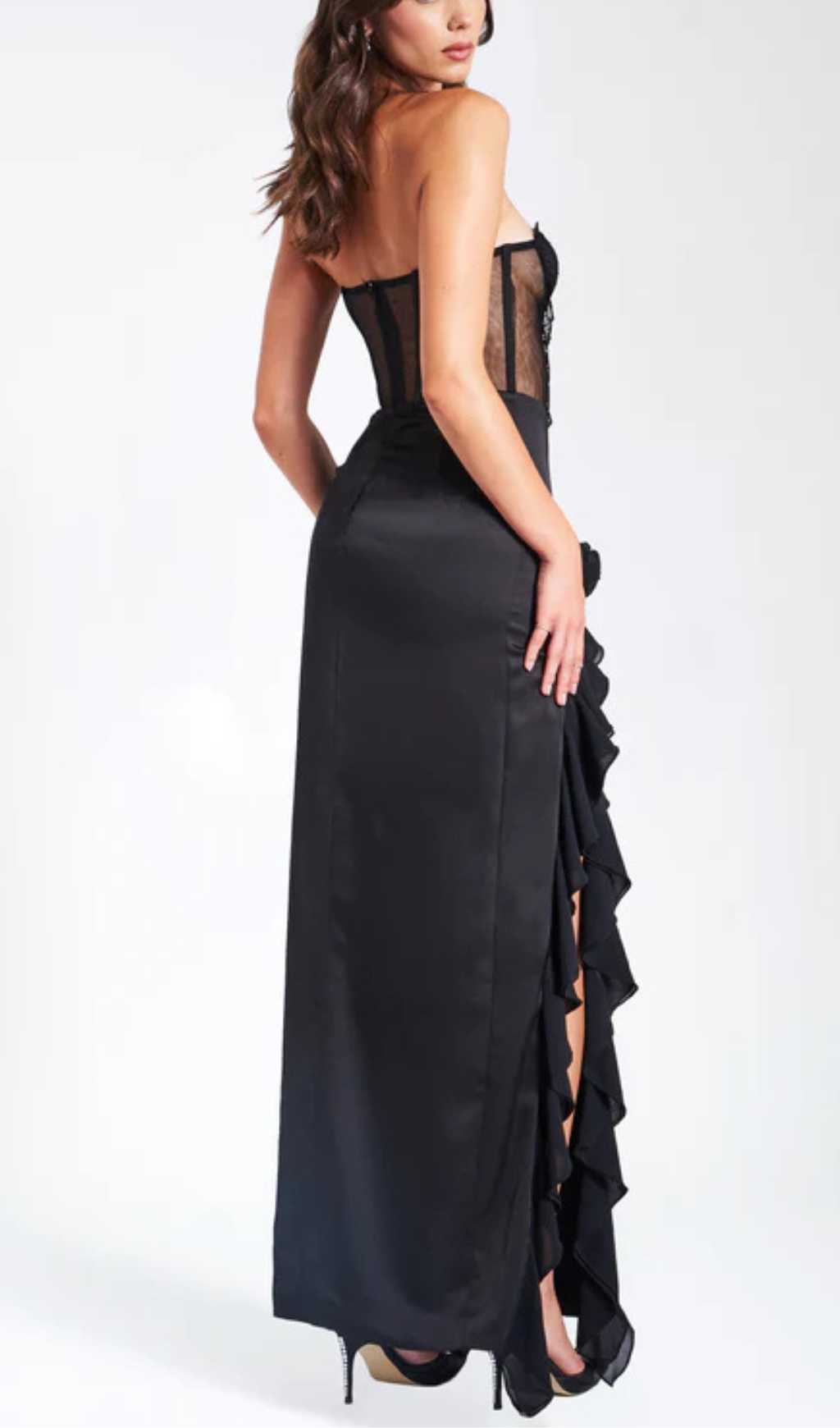 Evelyn Satin Lace Corset Maxi Dress In Black