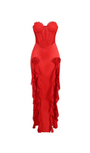 Evelyn Satin Lace Corset Maxi Dress In Red