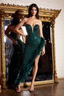 Crystal Sequin Feather Trimmed Maxi Dress In Emerald