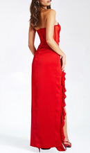 Evelyn Satin Lace Corset Maxi Dress In Red