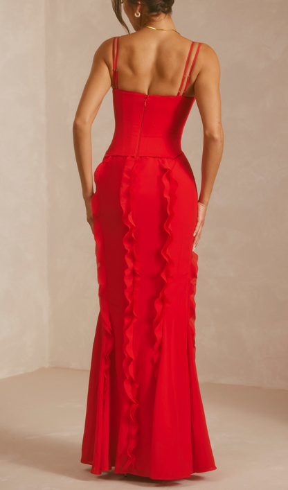 Serge Corset Frill Skirt Maxi Dress In Red