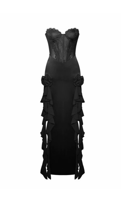 Evelyn Satin Lace Corset Maxi Dress In Black