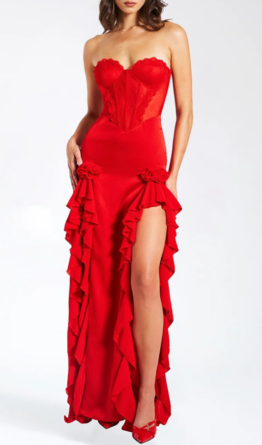 Evelyn Satin Lace Corset Maxi Dress In Red