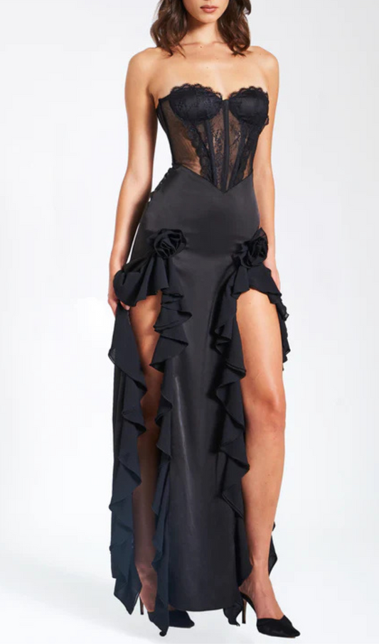 Evelyn Satin Lace Corset Maxi Dress In Black