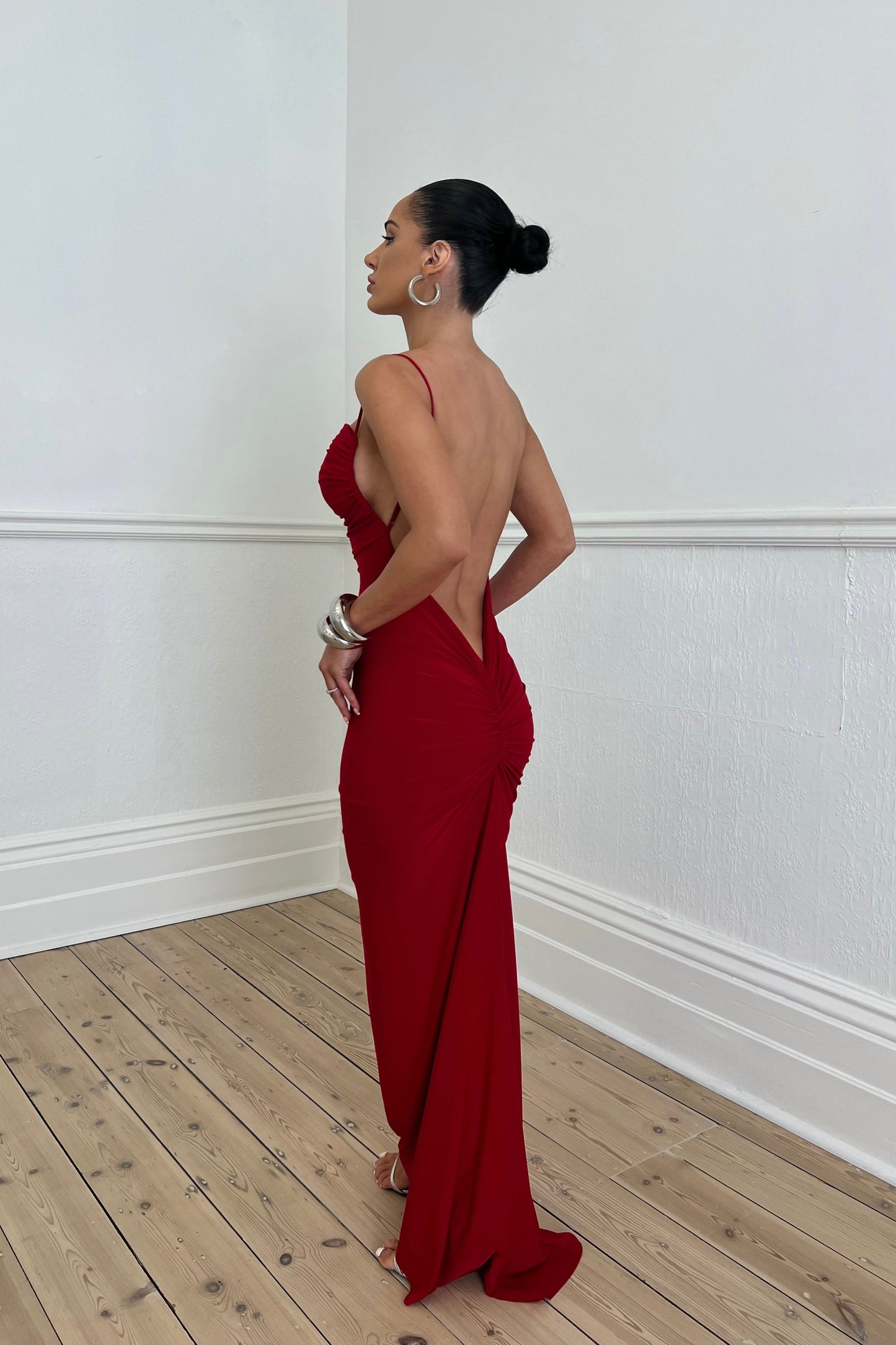 Etta Pleated Open Back Maxi Dress In Red