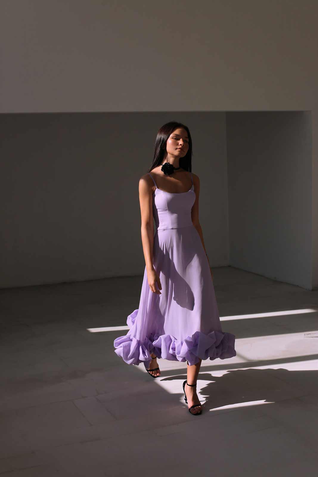 Maryam Flounce Bustier Midi Dress In Lavender