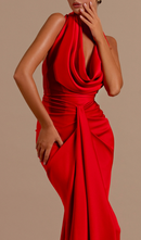 Thekla Halter Pleats Satin Maxi Dress In Red