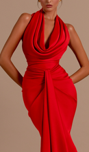 Thekla Halter Pleats Satin Maxi Dress In Red