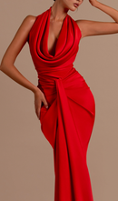 Thekla Halter Pleats Satin Maxi Dress In Red