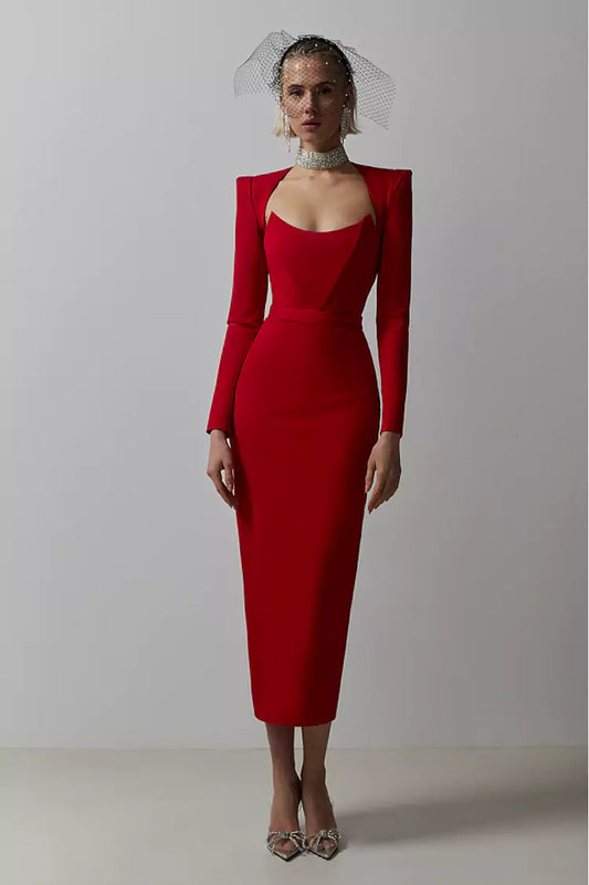 Clara Red Long Sleeve Midi Work Dress