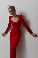 Clara Red Long Sleeve Midi Work Dress