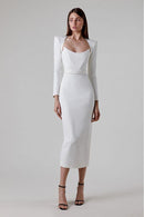 Clara White Long Sleeve Midi Work Dress