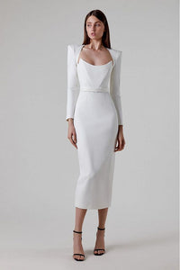Clara White Long Sleeve Midi Work Dress