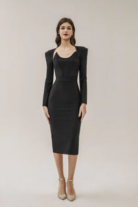 Clara Black Long Sleeve Midi Work Dress