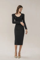Clara Black Long Sleeve Midi Work Dress