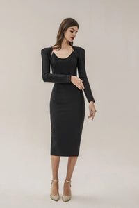 Clara Black Long Sleeve Midi Work Dress