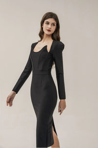 Clara Black Long Sleeve Midi Work Dress