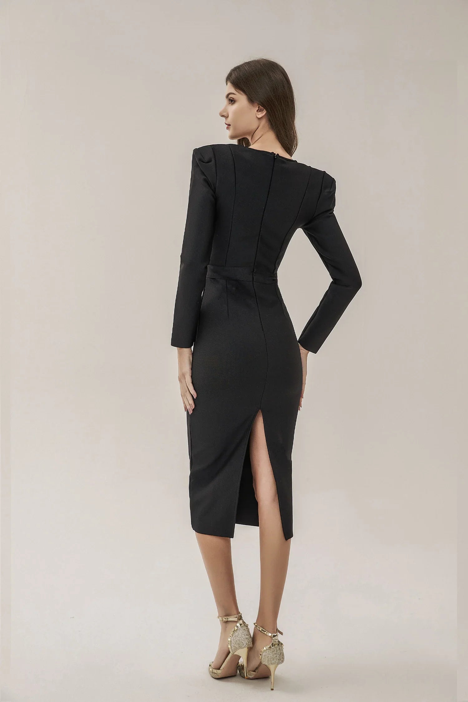 Clara Black Long Sleeve Midi Work Dress