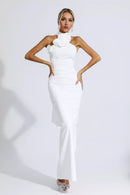 Dalary White Floral Ruched Halter Maxi Dress