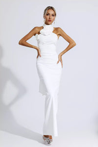 Dalary White Floral Ruched Halter Maxi Dress