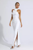 Dalary White Floral Ruched Halter Maxi Dress