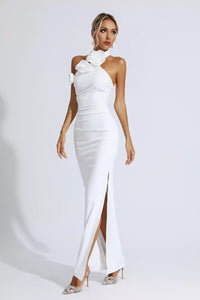 Dalary White Floral Ruched Halter Maxi Dress