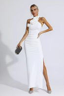 Dalary White Floral Ruched Halter Maxi Dress