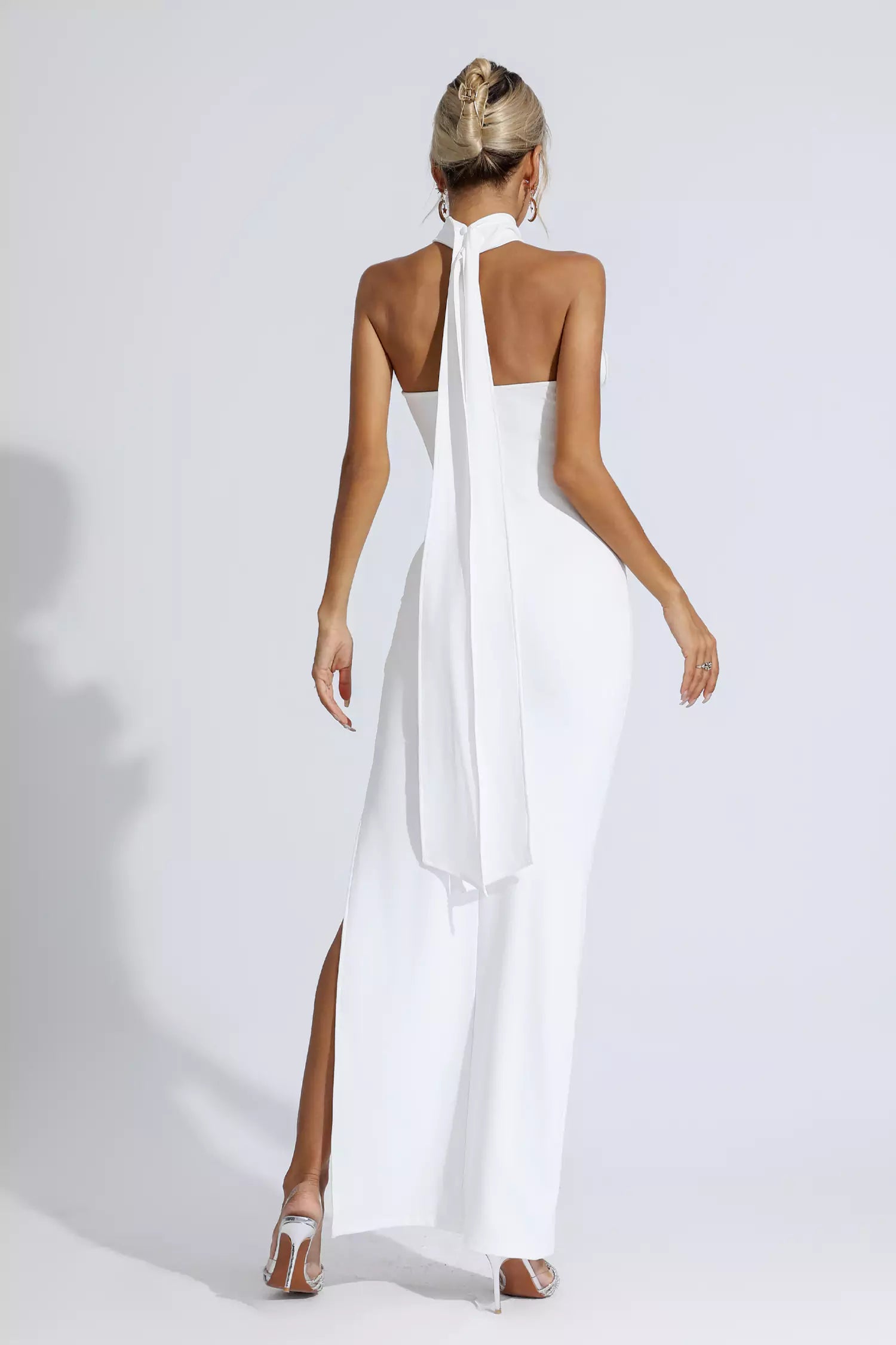 Dalary White Floral Ruched Halter Maxi Dress White / M Dalary White Floral Ruched Halter Maxi Dress White / M