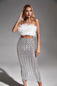 Barbara Black Feather Sequin Bandage Set In White