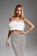 Barbara Black Feather Sequin Bandage Set In White