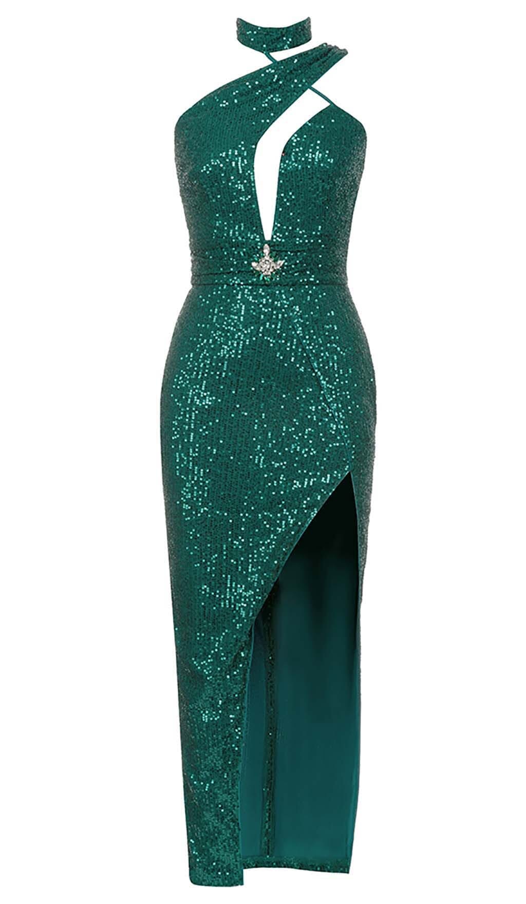 Evani Cutout Sequins Maxi Dress In Forest Green