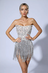 Saffron Silver Pearl Sequin Tassel Mini Dress