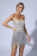 Saffron Silver Pearl Sequin Tassel Mini Dress