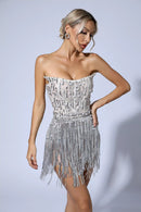 Saffron Silver Pearl Sequin Tassel Mini Dress