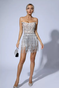 Saffron Silver Pearl Sequin Tassel Mini Dress