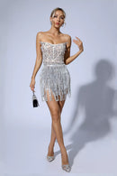 Saffron Silver Pearl Sequin Tassel Mini Dress