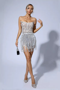 Saffron Silver Pearl Sequin Tassel Mini Dress