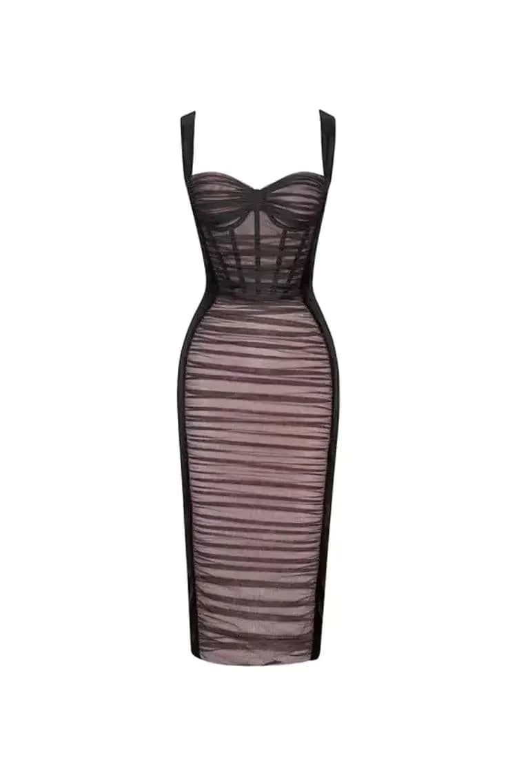 Cornelia Black Mesh Velvet Midi Dress