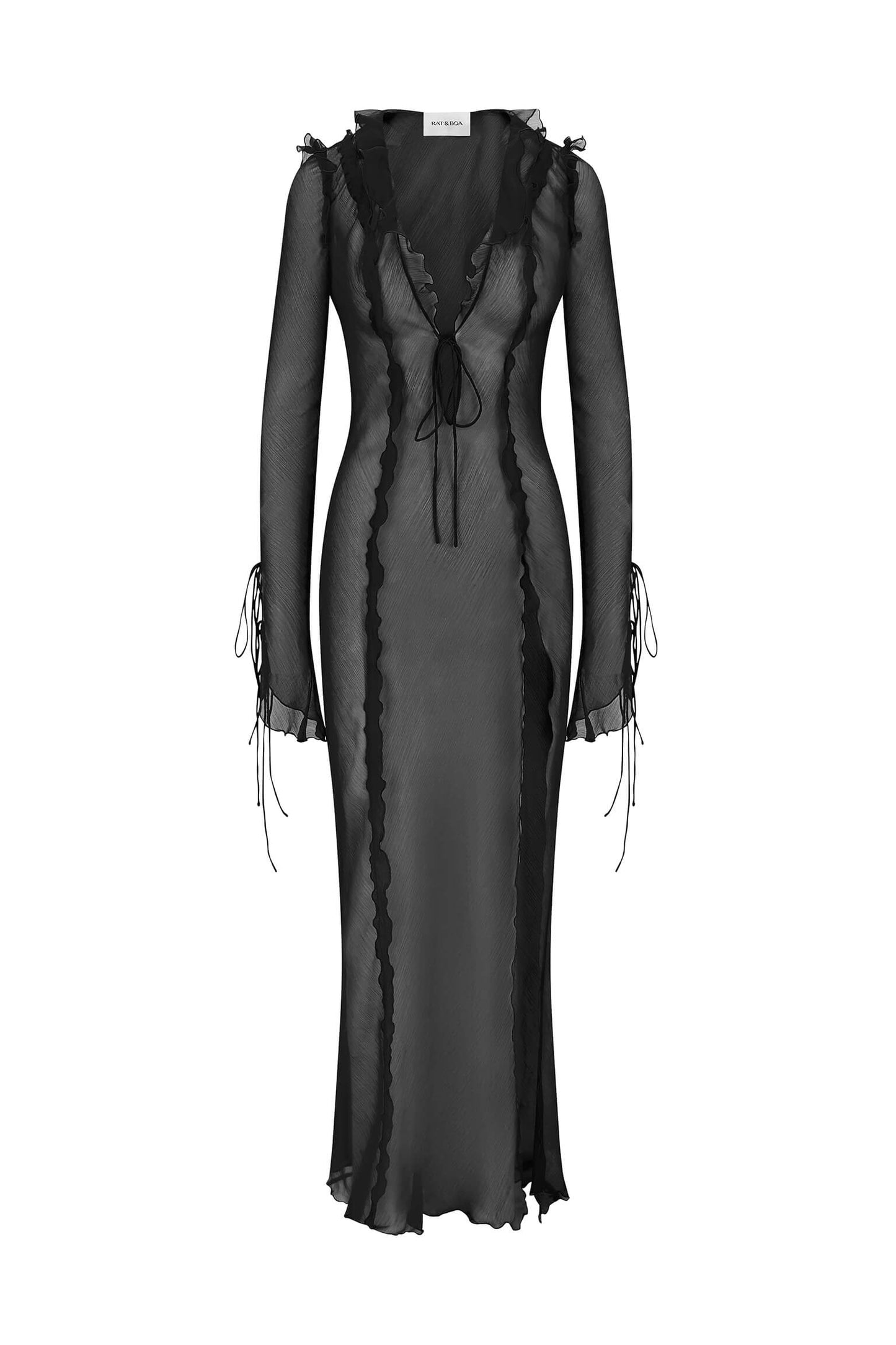 Fuffy Long Sleeve Mesh Split Maxi Dress In Black