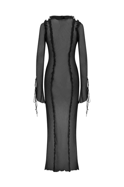 Fuffy Long Sleeve Mesh Split Maxi Dress In Black