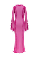 Fuffy Long Sleeve Mesh Split Maxi Dress In Pink