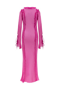Fuffy Long Sleeve Mesh Split Maxi Dress In Pink