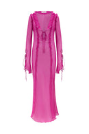 Fuffy Long Sleeve Mesh Split Maxi Dress In Pink